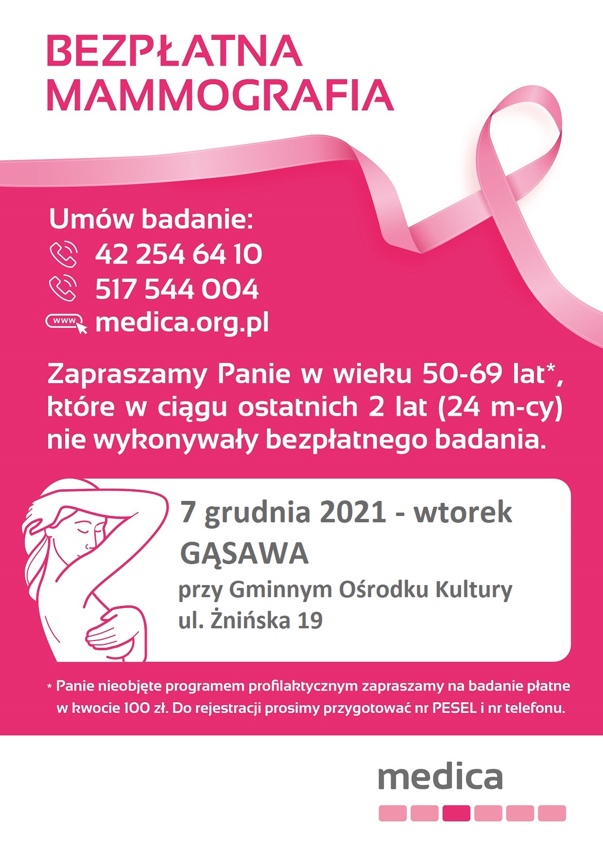 Zapraszamy na bezpłatną mammografię - wtorek 7 grudnia 2021 roku - Gąsawa ul. Żnińska 19